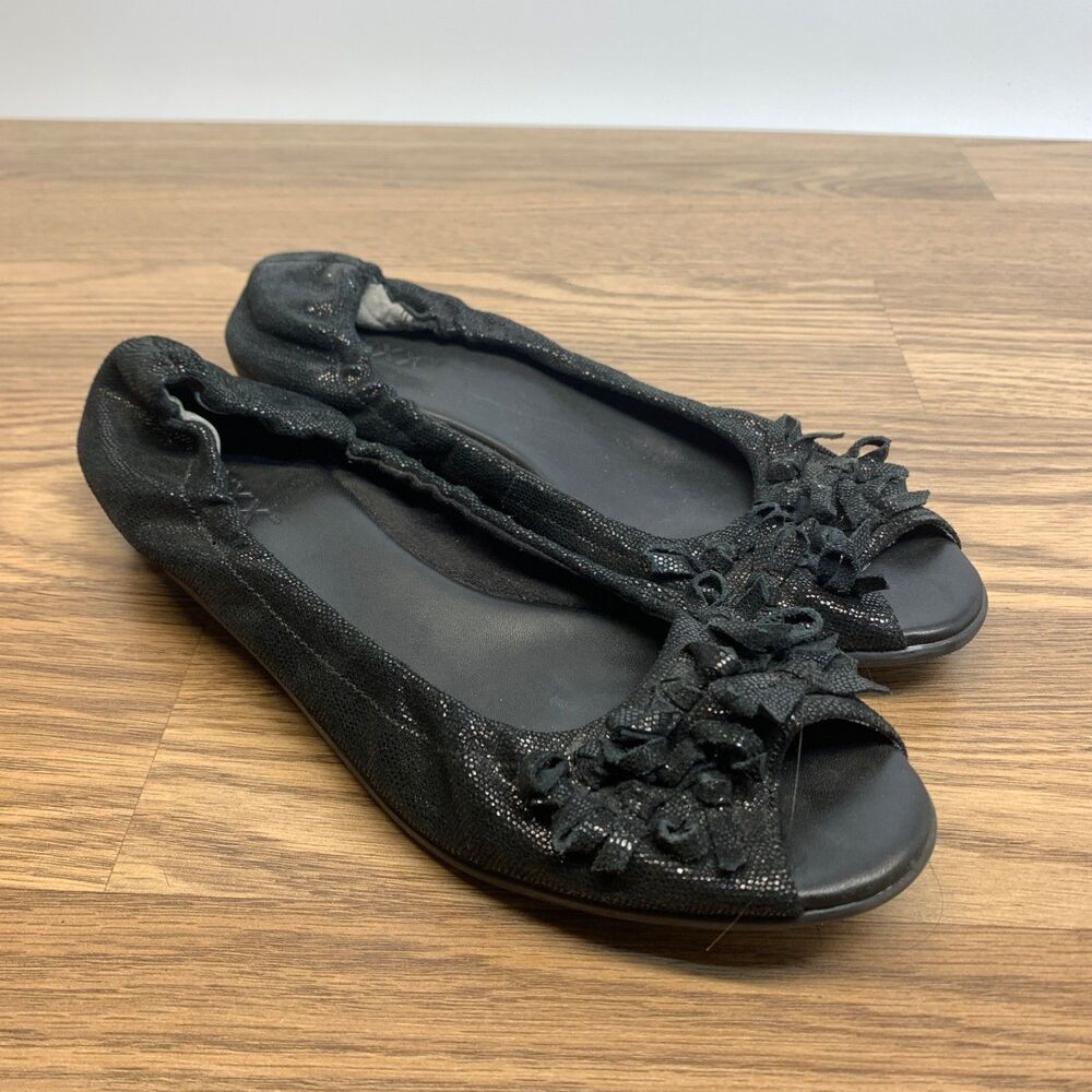 The‎ Flexx Black Sparkly Faux Leather with Multi Bows on Open Toes Flats Size 9B